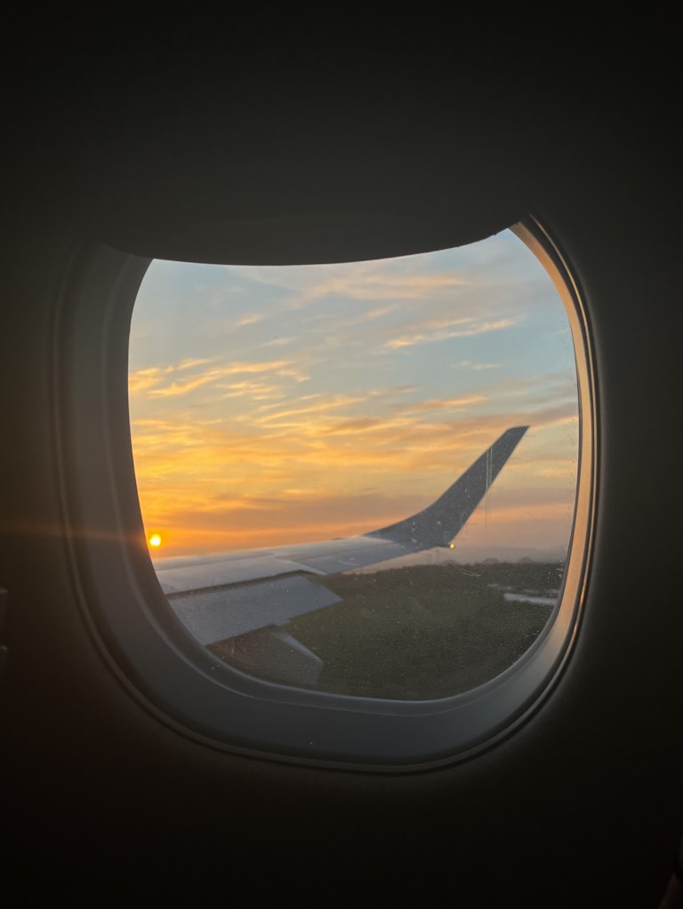 a sunset view from a plane window with the forth bridges just visable over the treeline