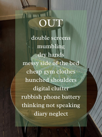 list of resolutions to get rid of; double screens, mumbling, dry hands, messy side of the bed, cheap gym clothes, hunched shoulders, digital clutter, rubbish phone battery, thinking not speaking, diary neglect