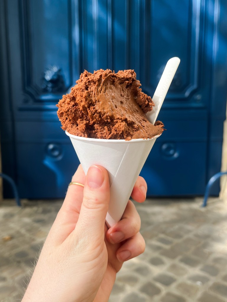 a cone filled with chocolate mouuse