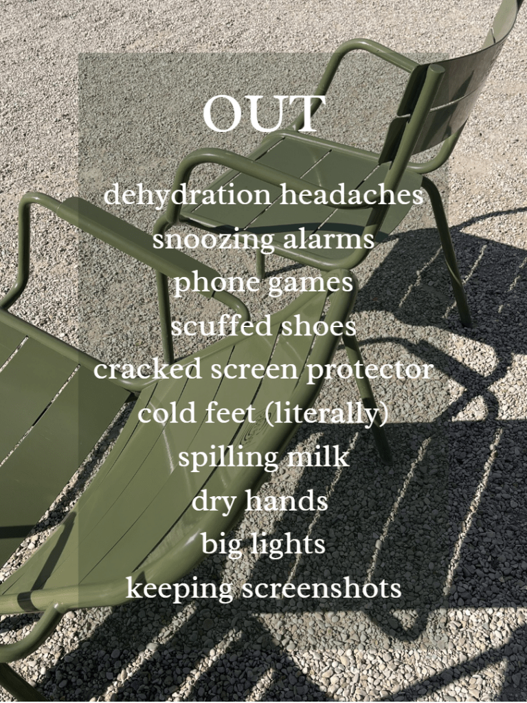 list of 'out' resolutions
dehydration headaches, snoozing alarms, phone games, scuffed shoes, cracked screen protector, cold feet (literally), spilling milk, dry hands, big lights, keeping screenshots